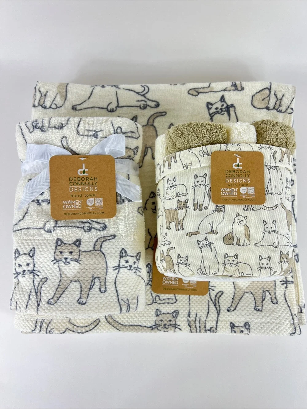 Deborah Connolly Bath Towel Set Cat Print Cream Tan Gray Cotton Blend 11 Pc NEW